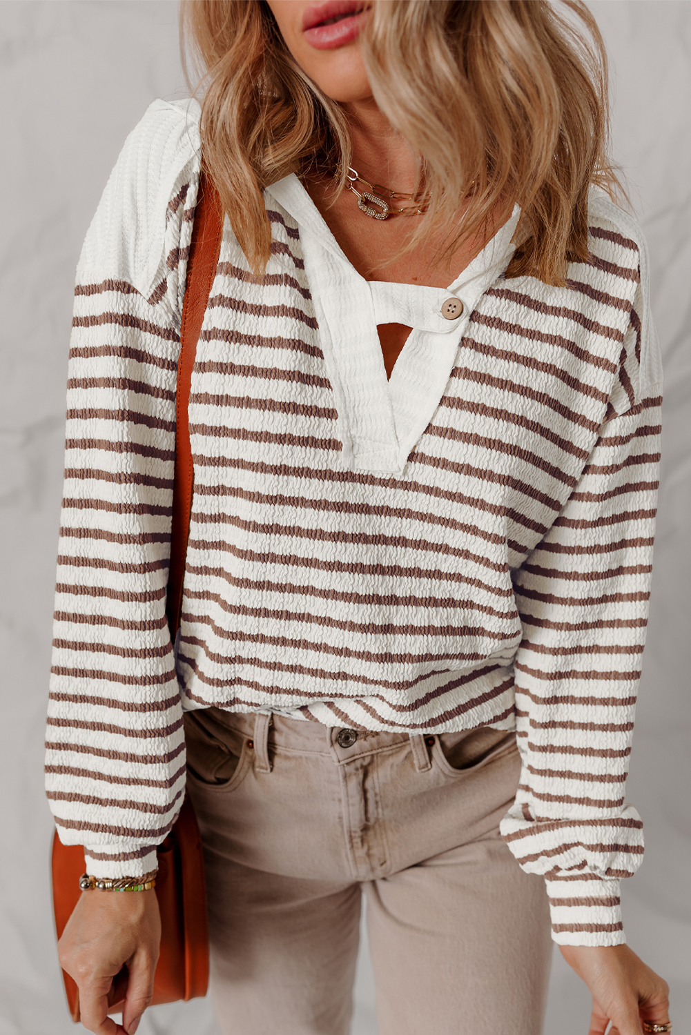 Khaki Stripe Textured Hooded V Neck Casual Long Sleeve Top - loveforevers