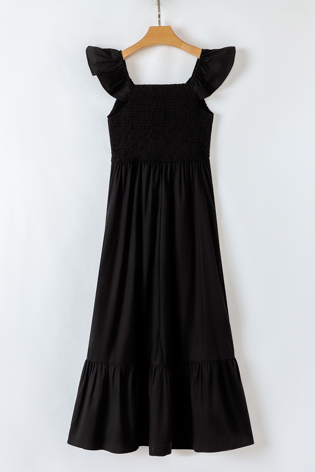 Black V Neck Flutter Sleeve Smocked Bodice High Waist Ruffle Maxi Dress - loveforevers