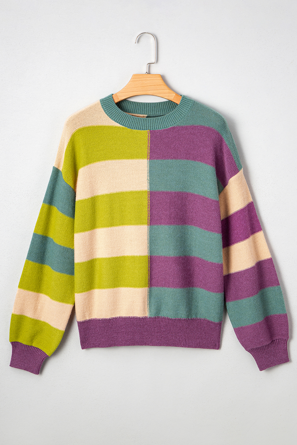 Green Stripe Drop Shoulder Ribbed Edge Casual Sweater - loveforevers