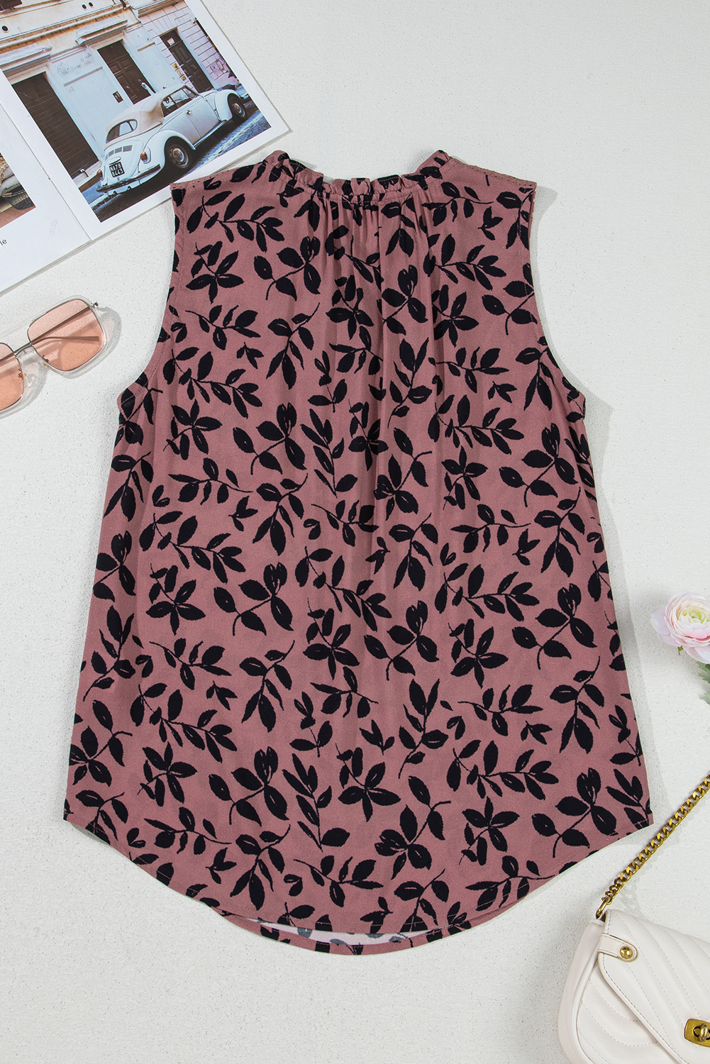 Brown Leaf Print Lace-up V Neck Crinckled Tank Top - loveforevers