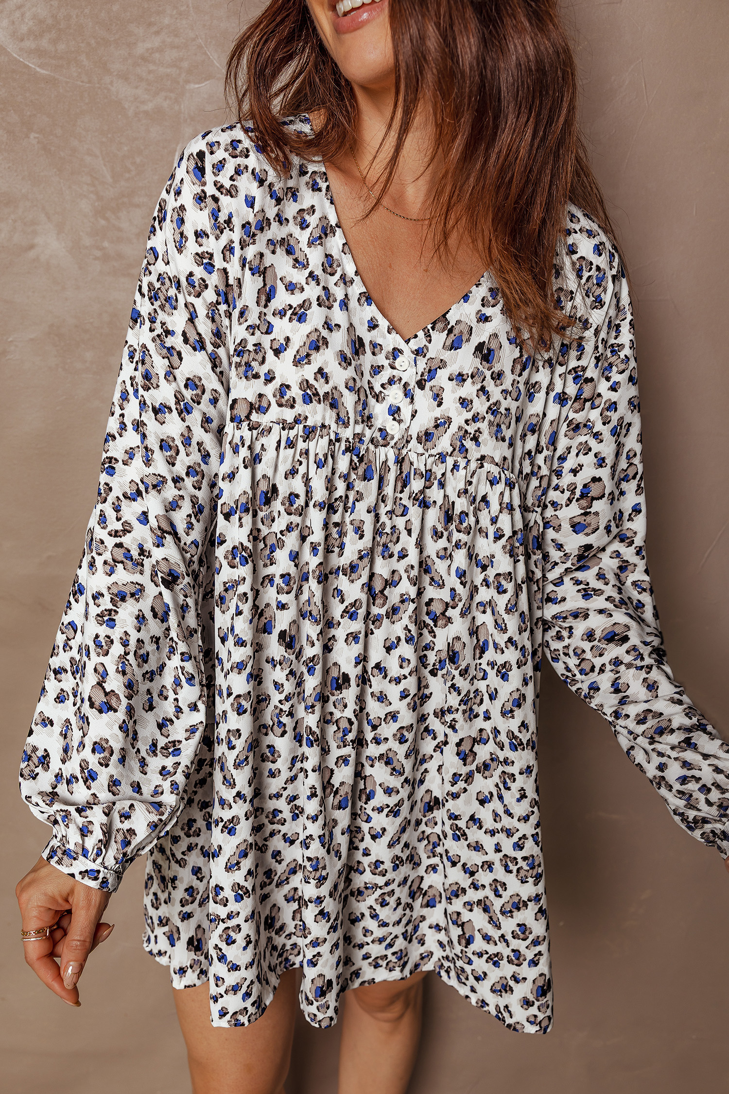 Multicolour Leopard Print V Neck Button Detail Long Sleeve Mini Dress - loveforevers