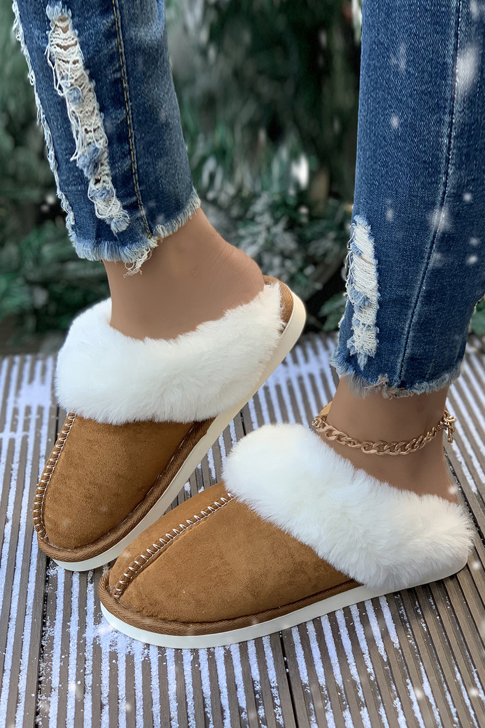 Khaki Cut and Sew Faux Suede Plush Lined Slippers - loveforevers