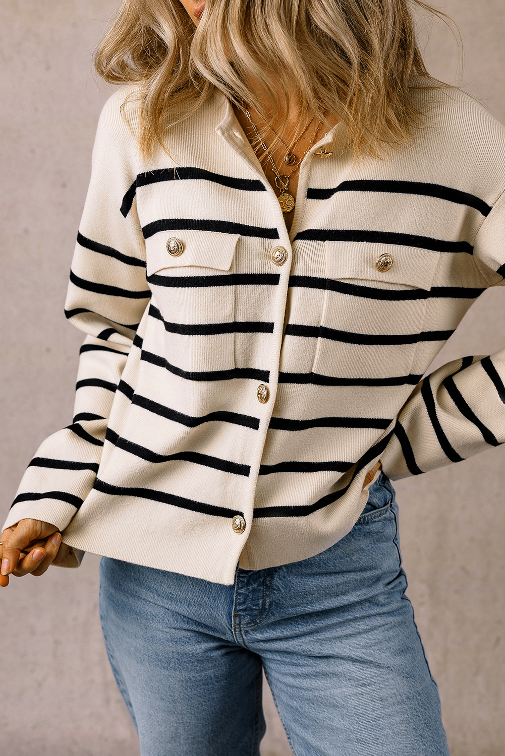 Black Stripe Flap Pocket Buttoned Cardigan Sweater - loveforevers