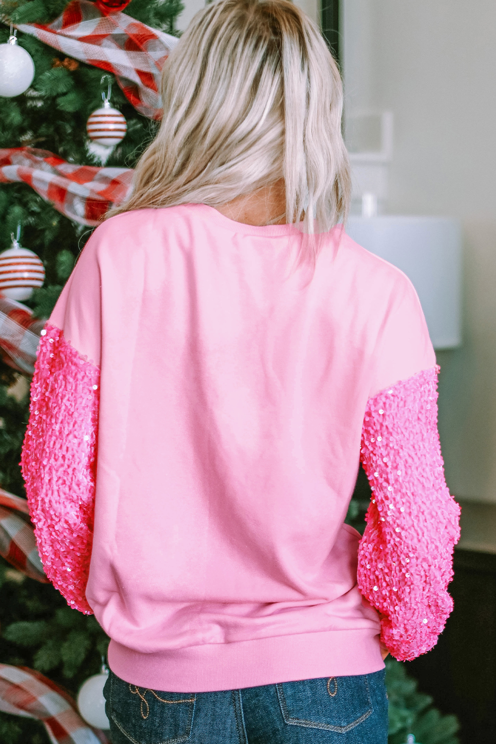 Pink Shiny Father Christmas Graphic Sequin Long Sleeve Top - loveforevers