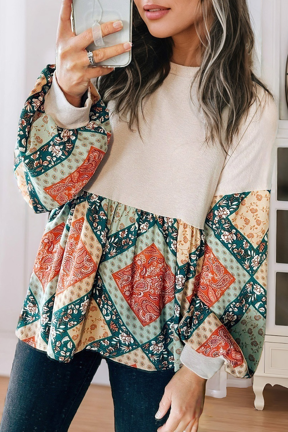 Jet Stream Paisley Geometric Patchwork Crew Neck Loose Fit Top - loveforevers