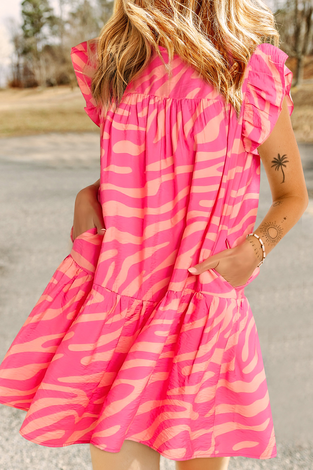 Pink Zebra Stripe Printed Ruffle Trim Pocketed Dress - loveforevers