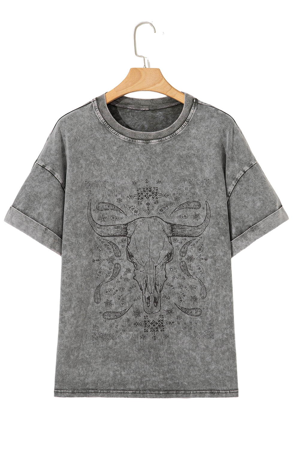 Light Grey Western Steer Head Tie Dye Print Crew Neck T Shirt - loveforevers