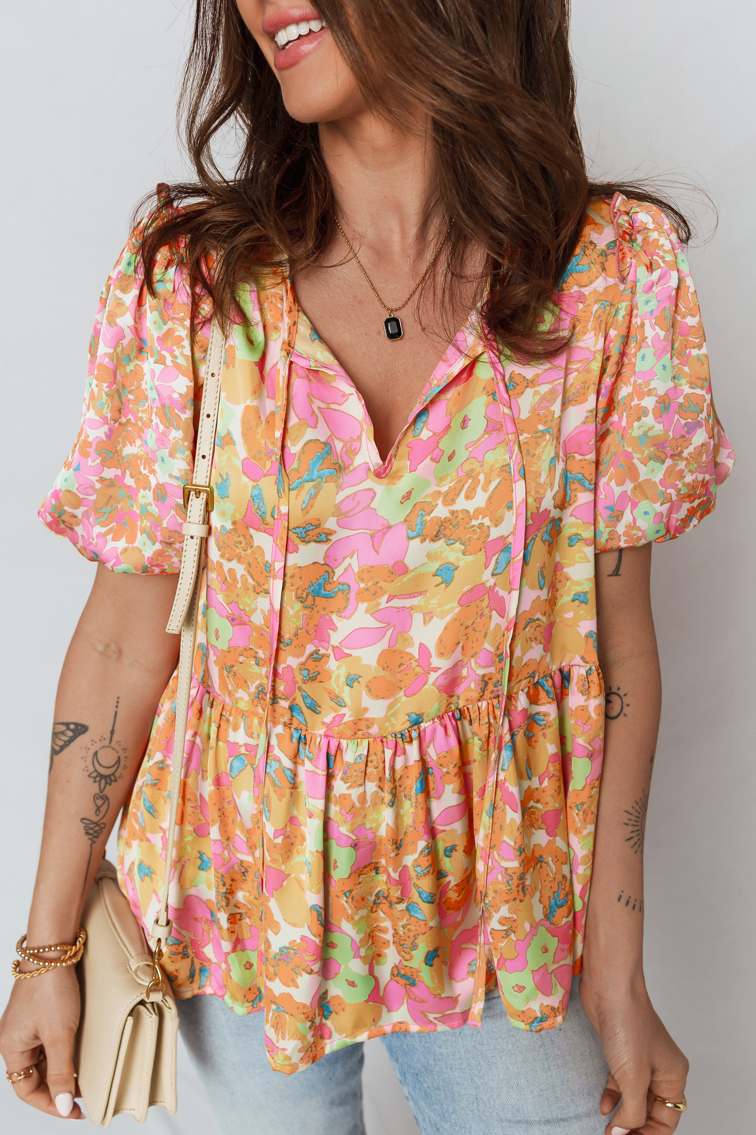Orange Split V Neck Short Sleeve Flower Blouse - loveforevers