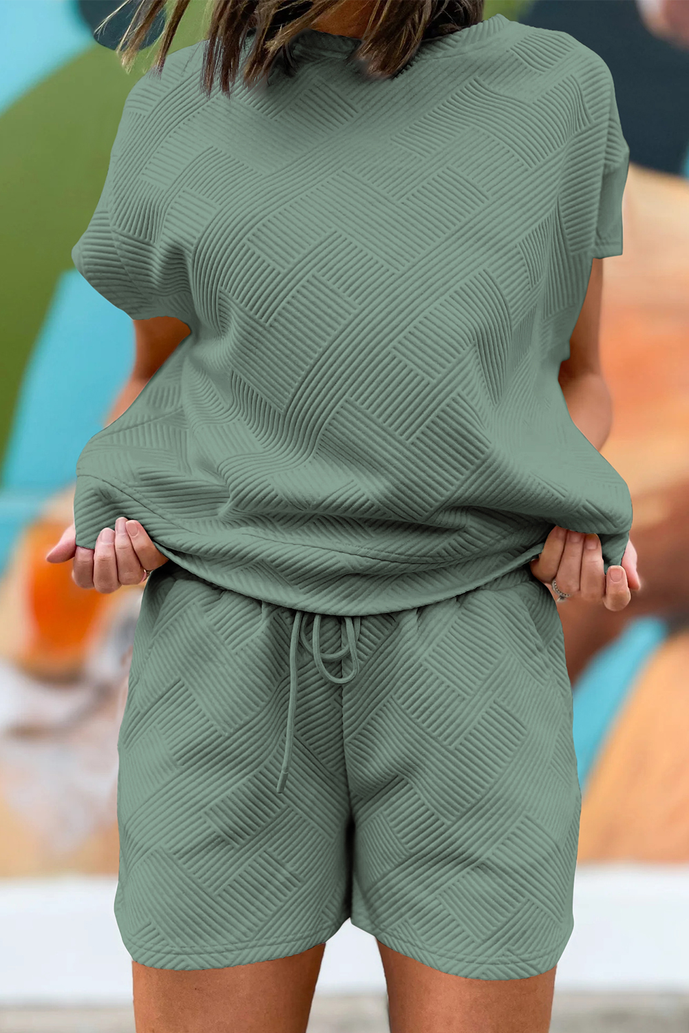 Mineral Blue Textured Short Sleeve Top and Shorts Set - loveforevers
