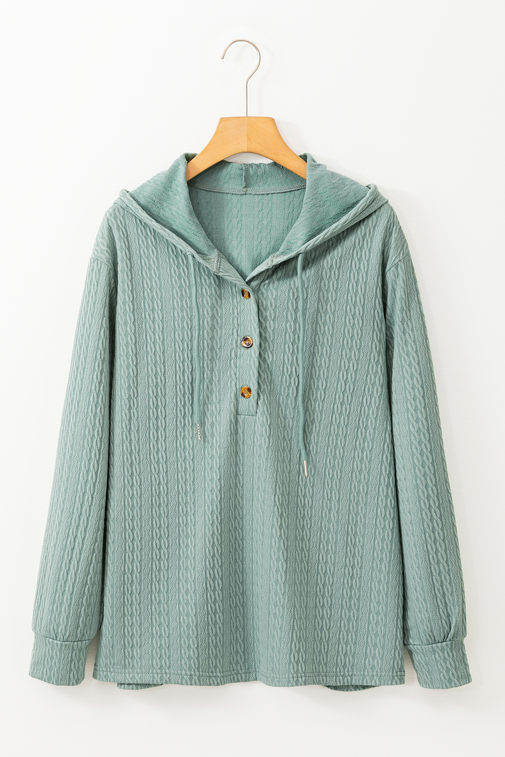 Mint Green Button Front Textured Drawstring Hooded Long Sleeve Top - loveforevers