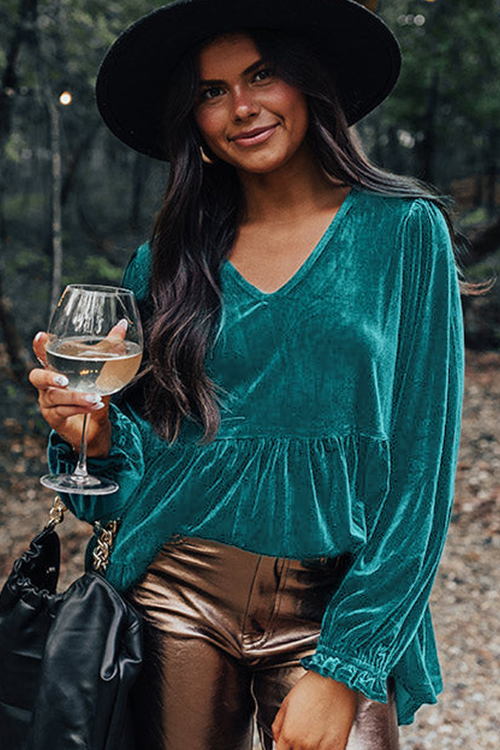 Sea Green Velvet V Neck Peplum Hem Puff Sleeve Blouse - loveforevers