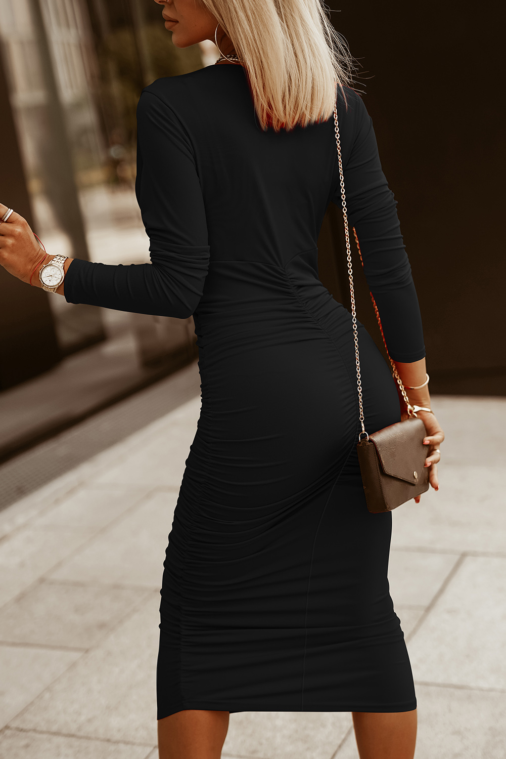 Black Long Sleeves Wrap V Neck Ruched Sheath Midi Dress - loveforevers