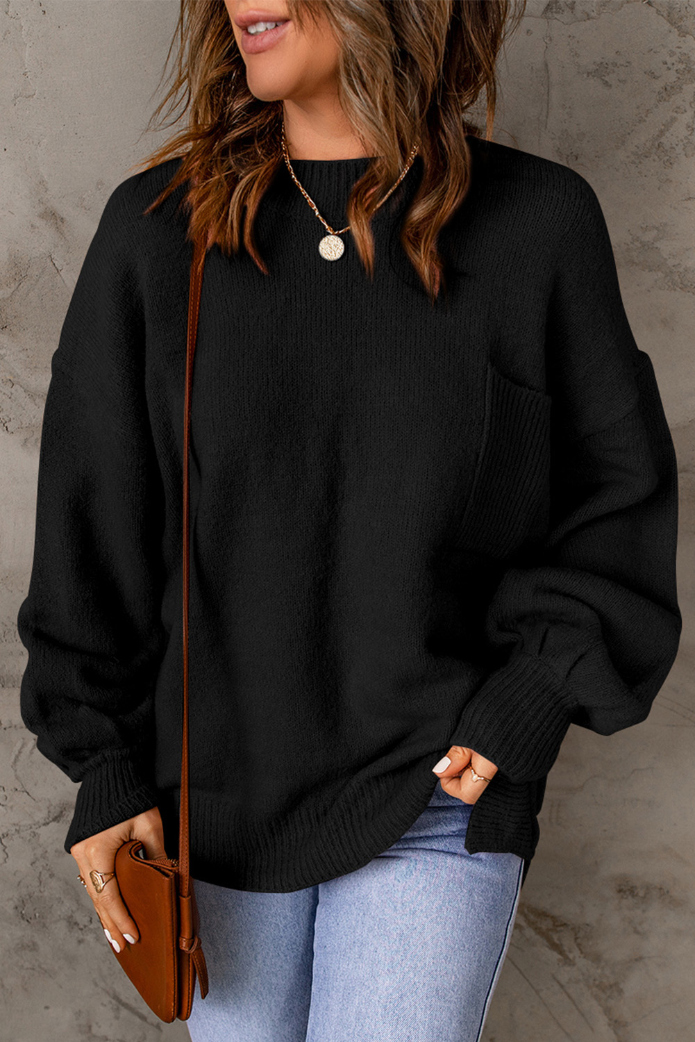Black Solid Color Puffy Sleeve Pocketed Sweater - loveforevers