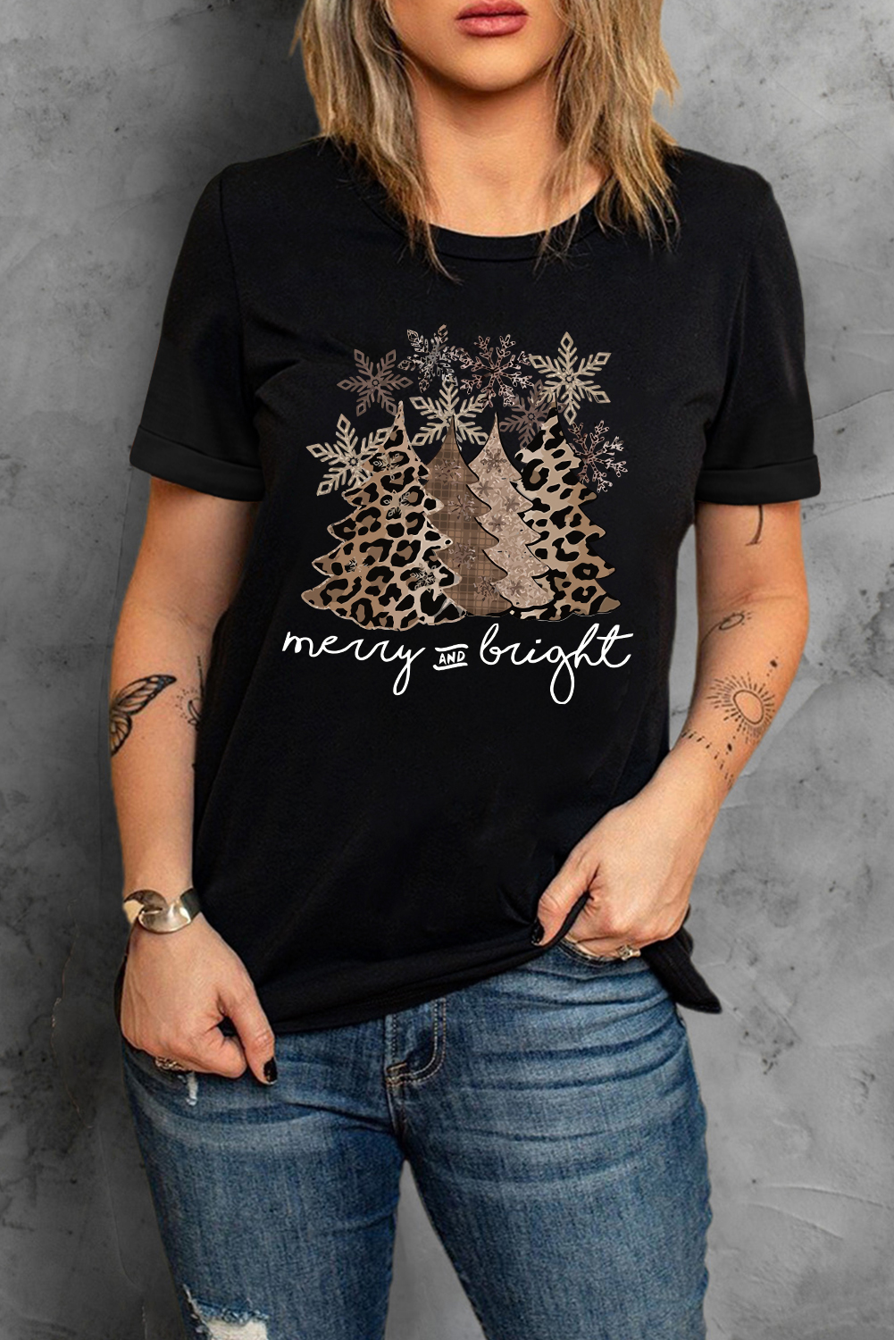 Black Leopard Christmas Tree Graphic Crew Neck T Shirt - loveforevers