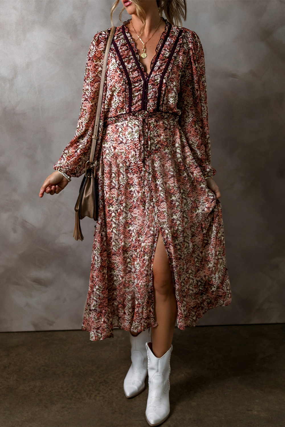 Brown Floral Print Split Front Tiered Frilled V Neck Midi Dress - loveforevers