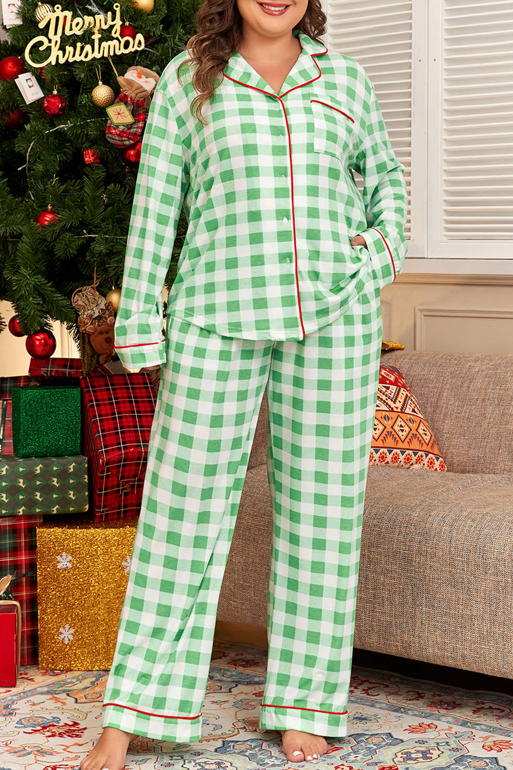Fiery Red Christmas Plaid Print Shirt and Pants Pajama Set - loveforevers