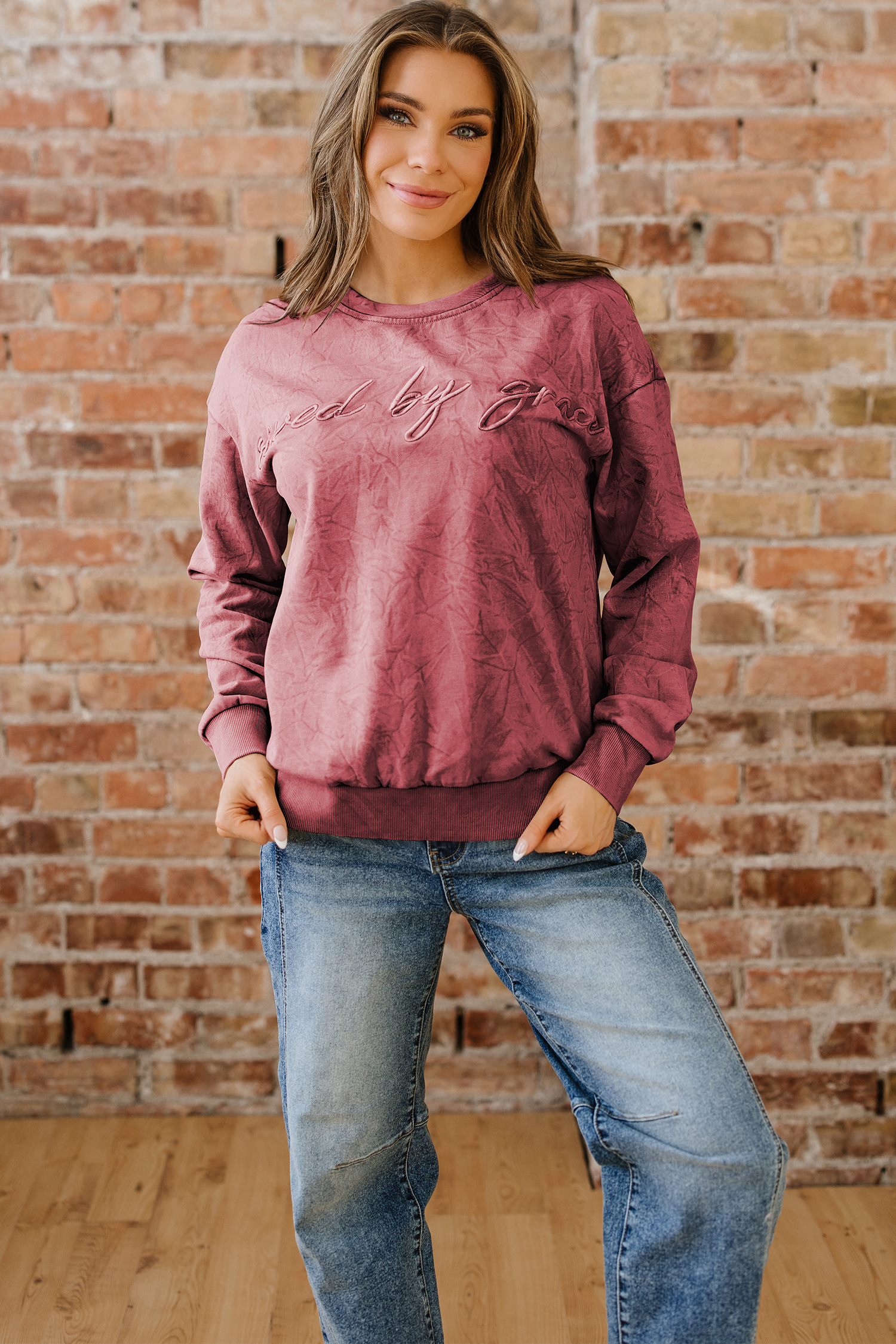 DUNE saved by grace Letter Embroidery Mineral Wash Loose Sweatshirt - loveforevers