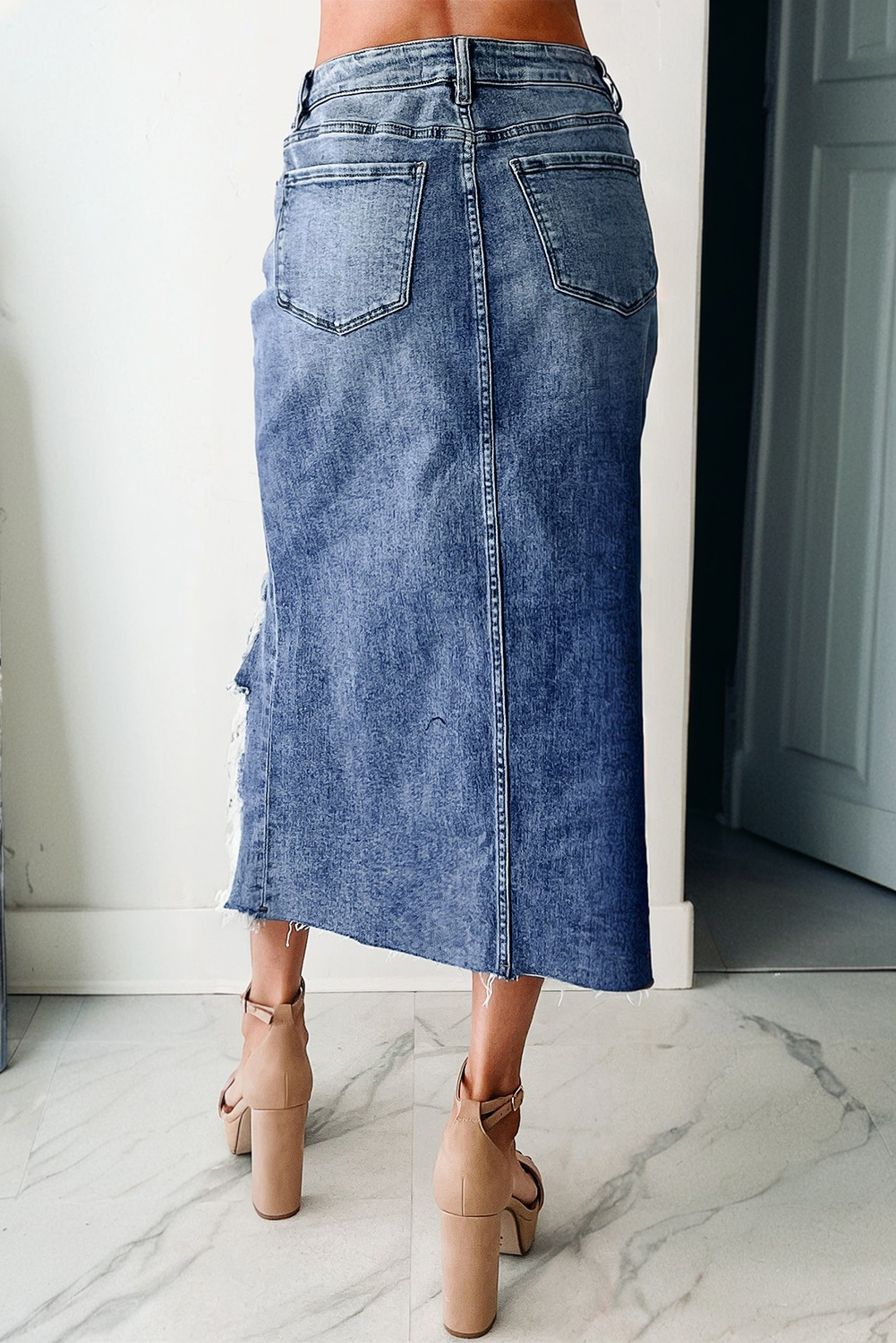 Sail Blue Dearlove Irregular Distressed Bottom Denim Midi Skirt - loveforevers