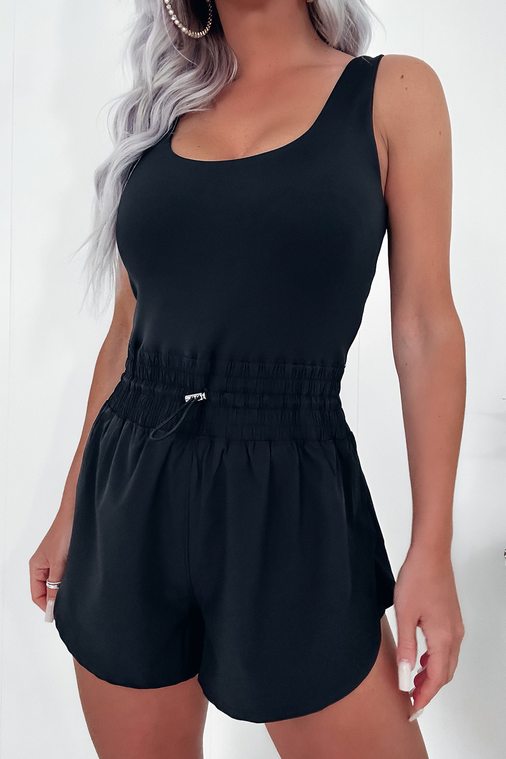 Black Plain Sleeveless Loop Drawstring Cinched Waist Romper - loveforevers