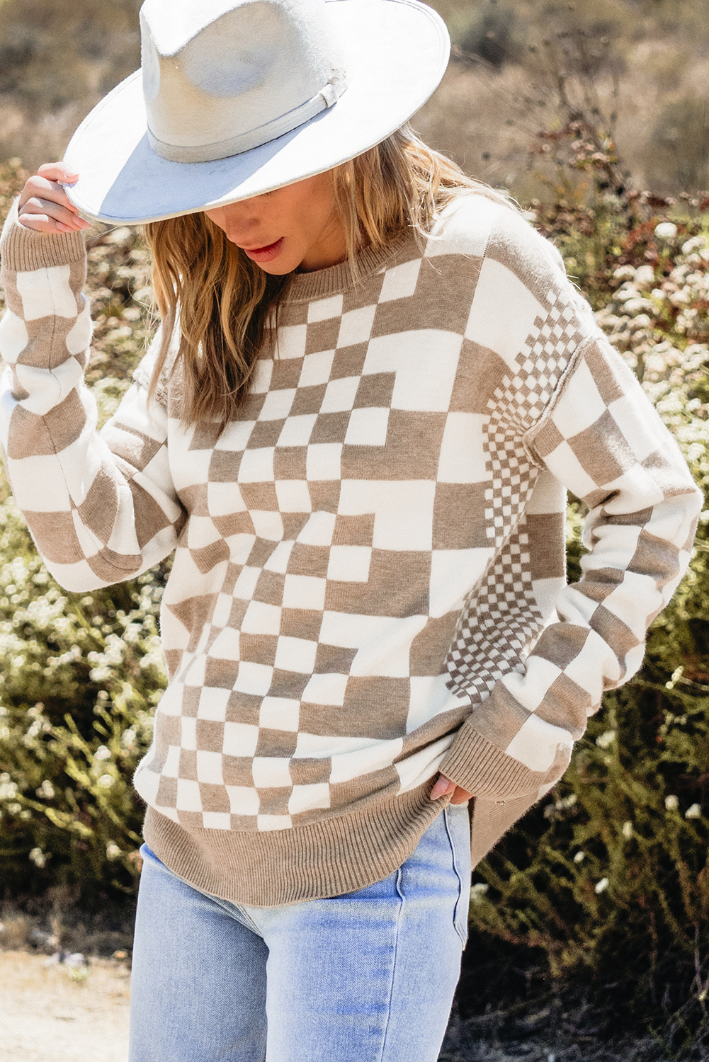 Khaki Checkered Print Drop Shoulder Round Neck Sweater - loveforevers