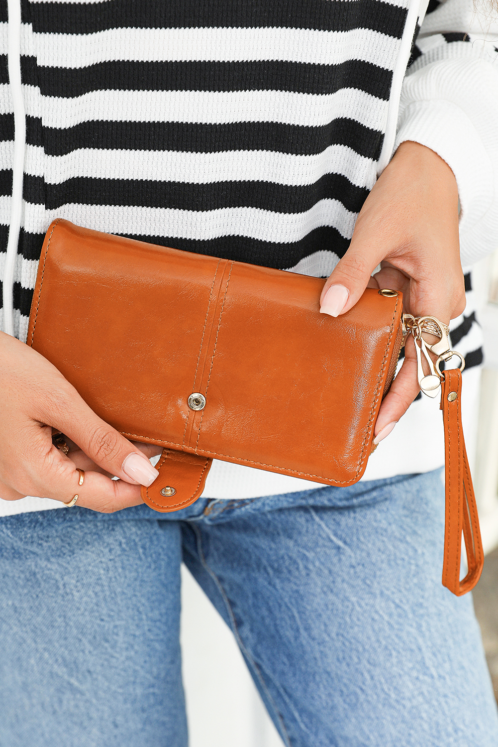 Cinnamon Faux Leather Zip Around Wrist Strap Long Wallet - loveforevers