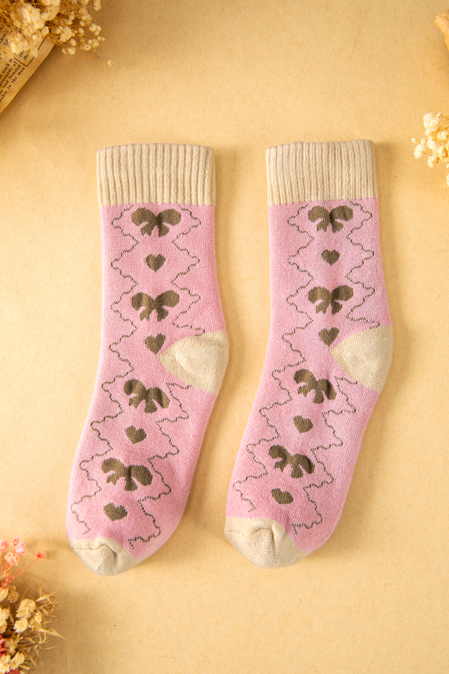 Pink Geometric Bow Heart Printed Ribbed Cuffs Winter Socks - loveforevers