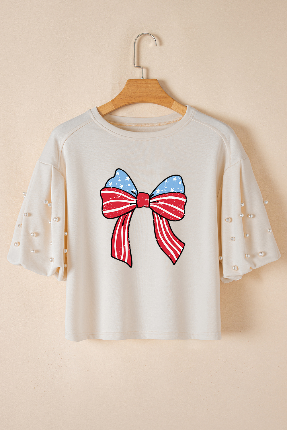 White Stars Stripes Bowknot Graphic Pearled Puff Half Sleeve T Shirt - loveforevers