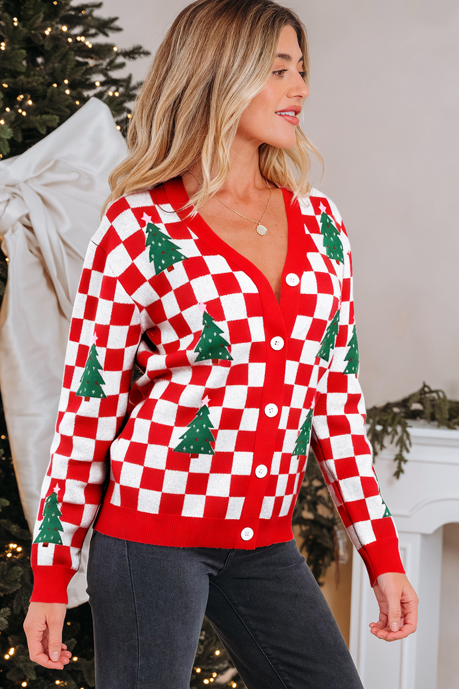 Pink Checkered Christmas Tree Pattern Button V Neck Cardigan Sweater - loveforevers