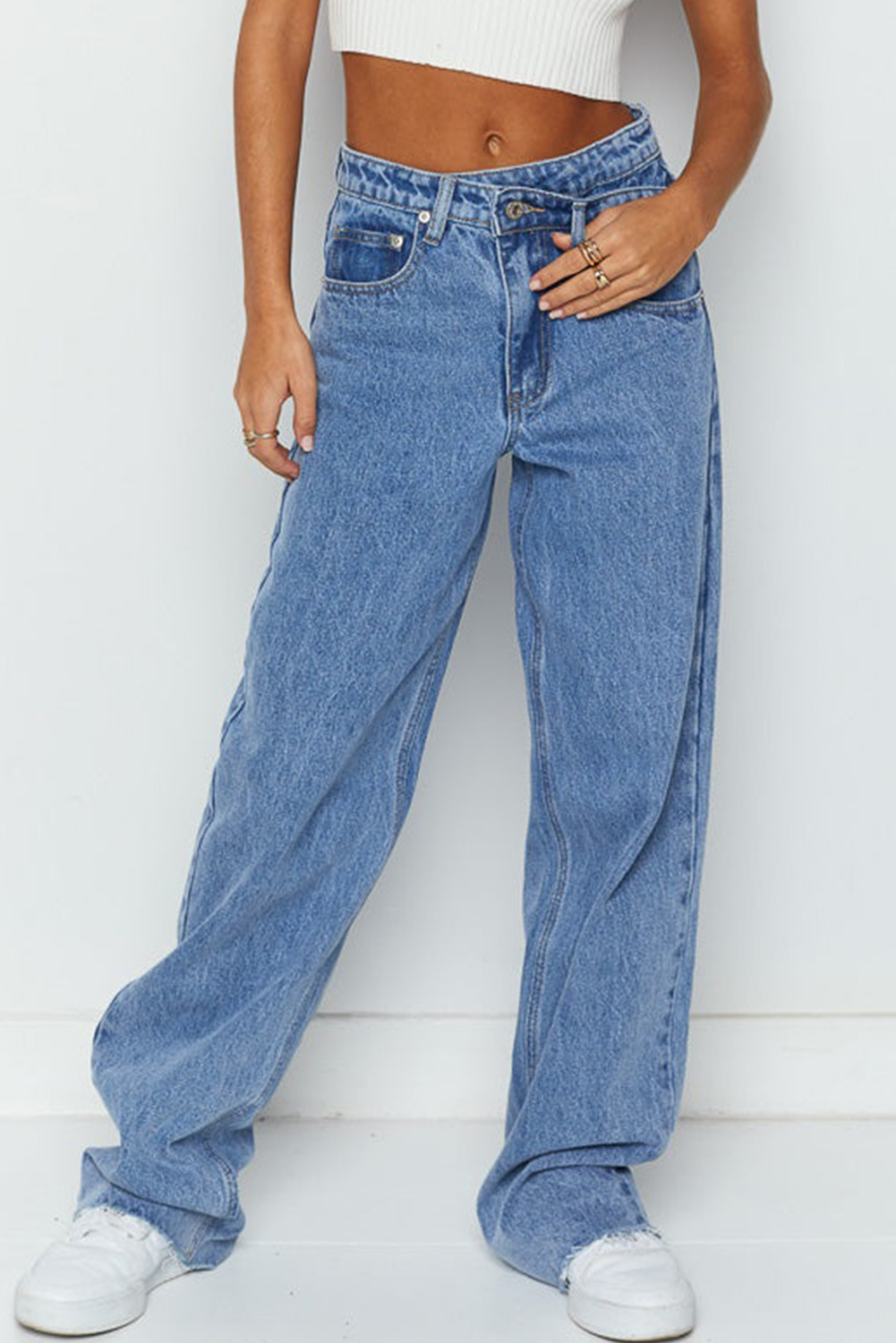 Blue Mid Rise Asymmetrical Waist Wide Leg Jeans - loveforevers