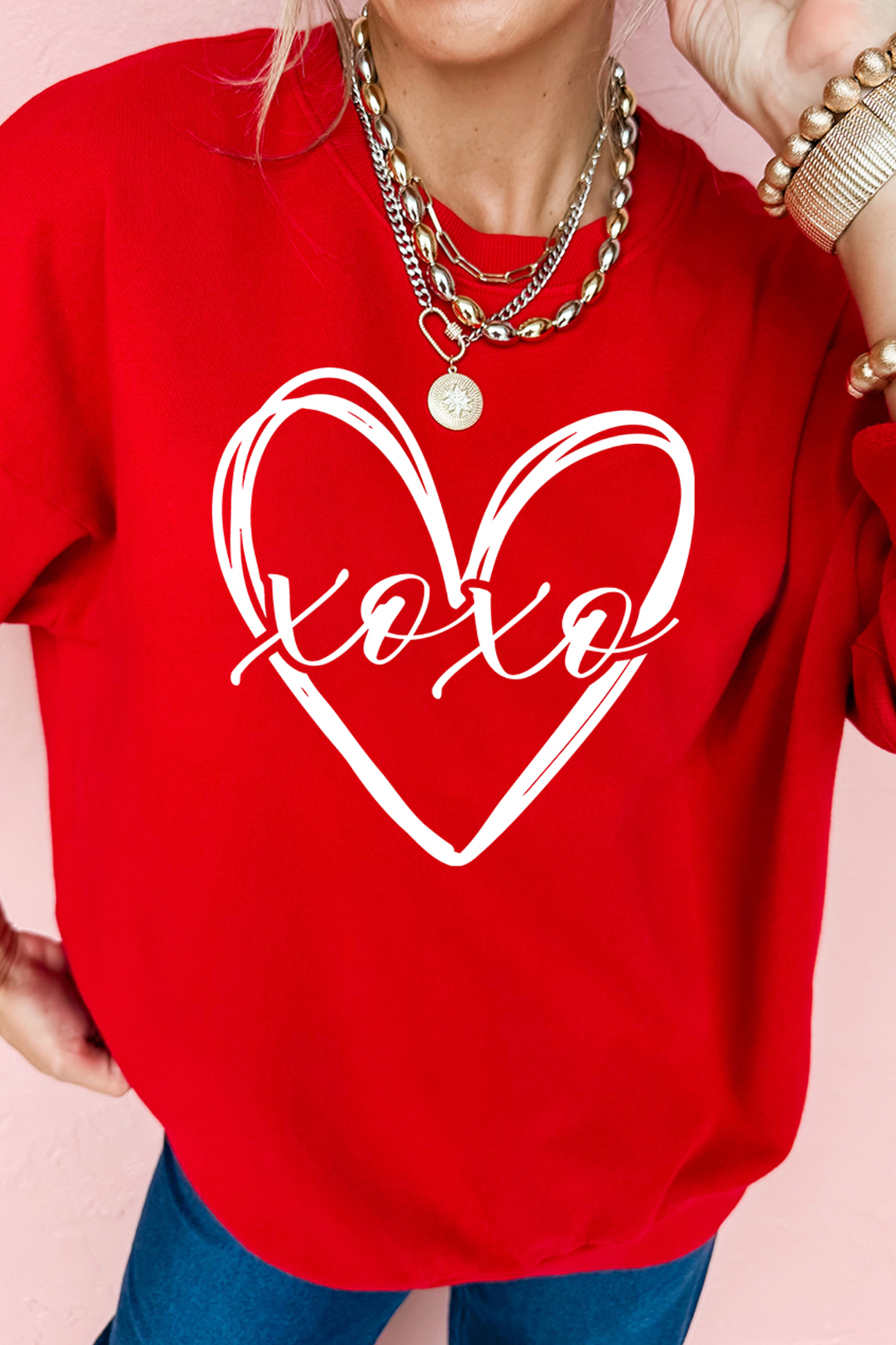 Red xoxo Valentines Heart Sketch Printed Pullover Sweatshirt - loveforevers