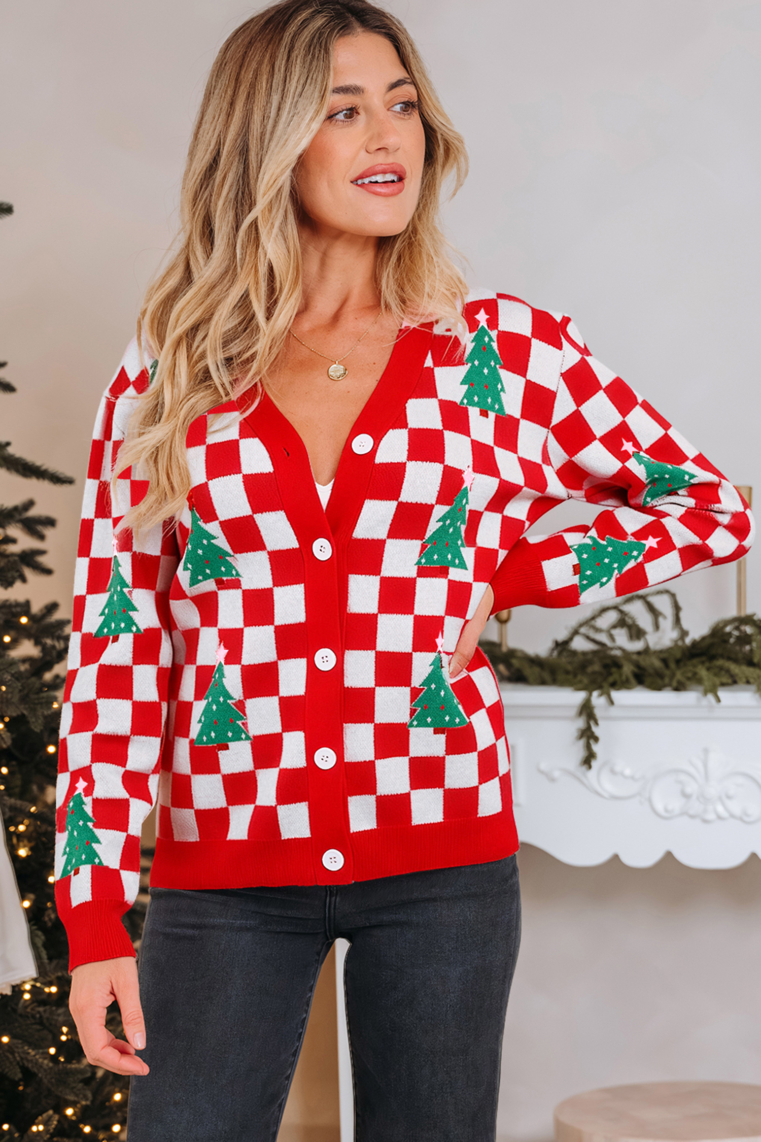 Pink Checkered Christmas Tree Pattern Button V Neck Cardigan Sweater - loveforevers