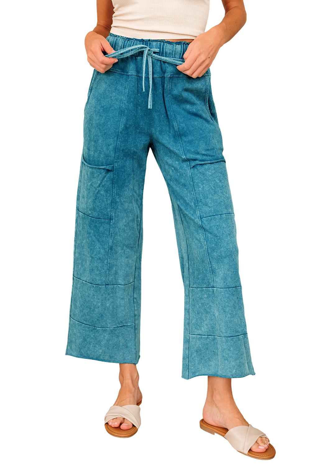 Lapis Mineral Wash Lace-up High Waist Raw Hem Patched Pocket Pants - loveforevers