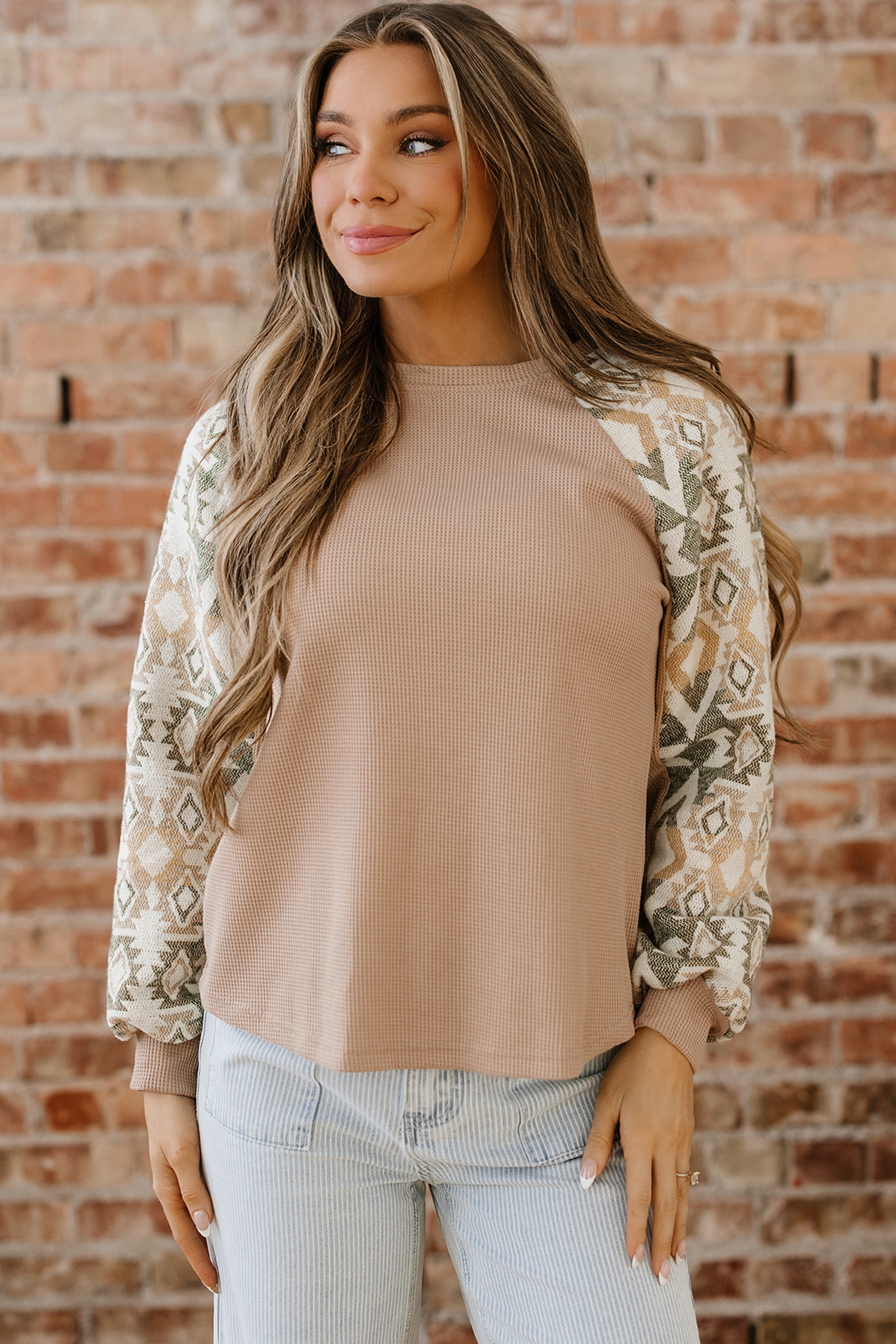 Smoke Gray Waffle Aztec Patchwork Raglan Sleeve Knit Top - loveforevers