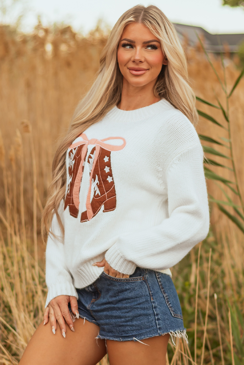White Embroidered Bow Boots Graphic Drop Shoulder Sweater - loveforevers