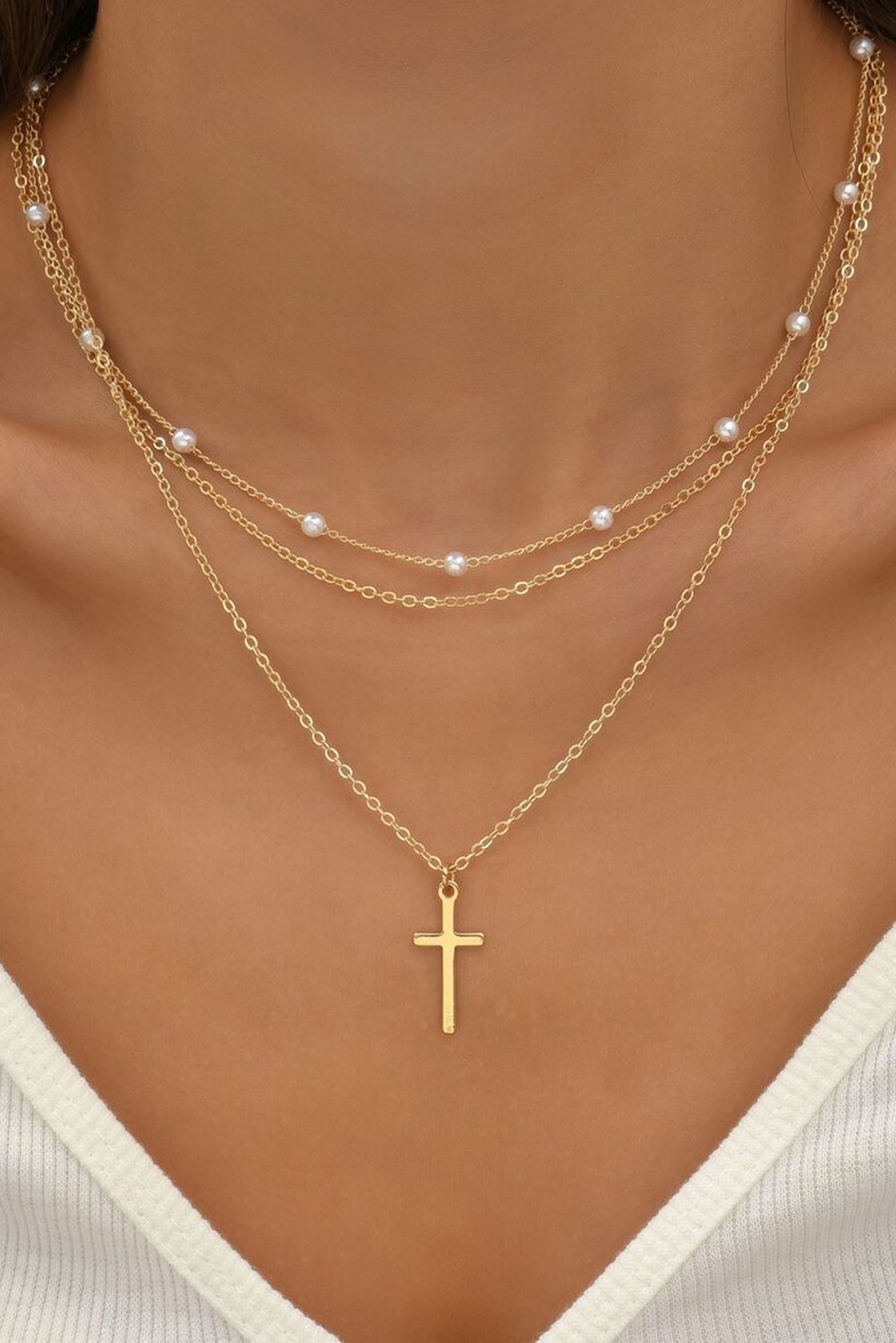 Gold Plated Cross Pendant Pearl Decor Triple Layer Chain Necklace - loveforevers