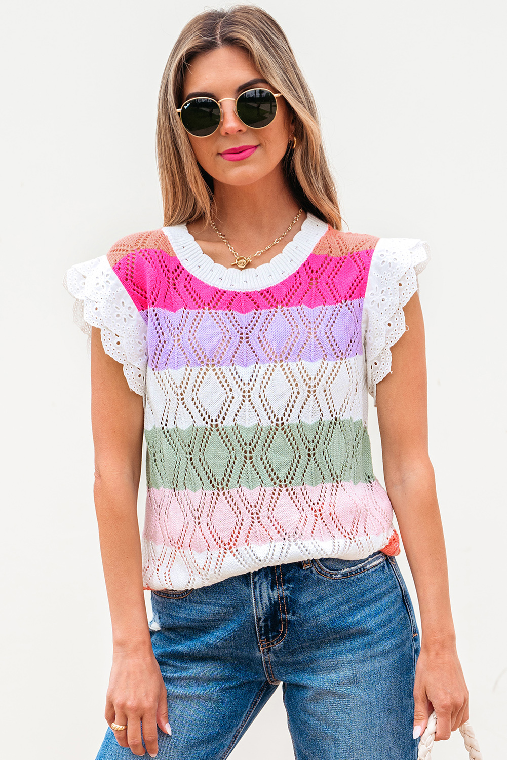 Rose Stripe Colorblock Hollowed Knit Scallop Edge Sweater Vest - loveforevers