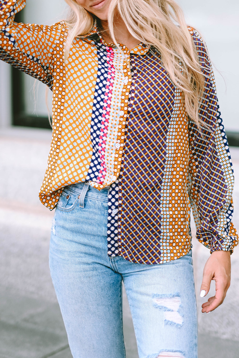 Brown Dot Print Long Sleeve Button Down Shift Shirt - loveforevers
