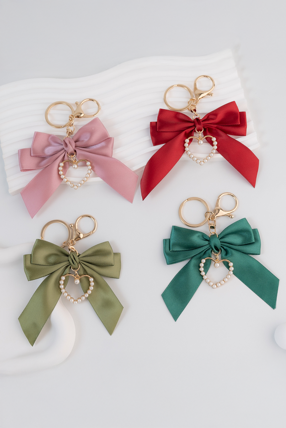 Pink Pearl Heart Large Bow Knot Keychain - loveforevers