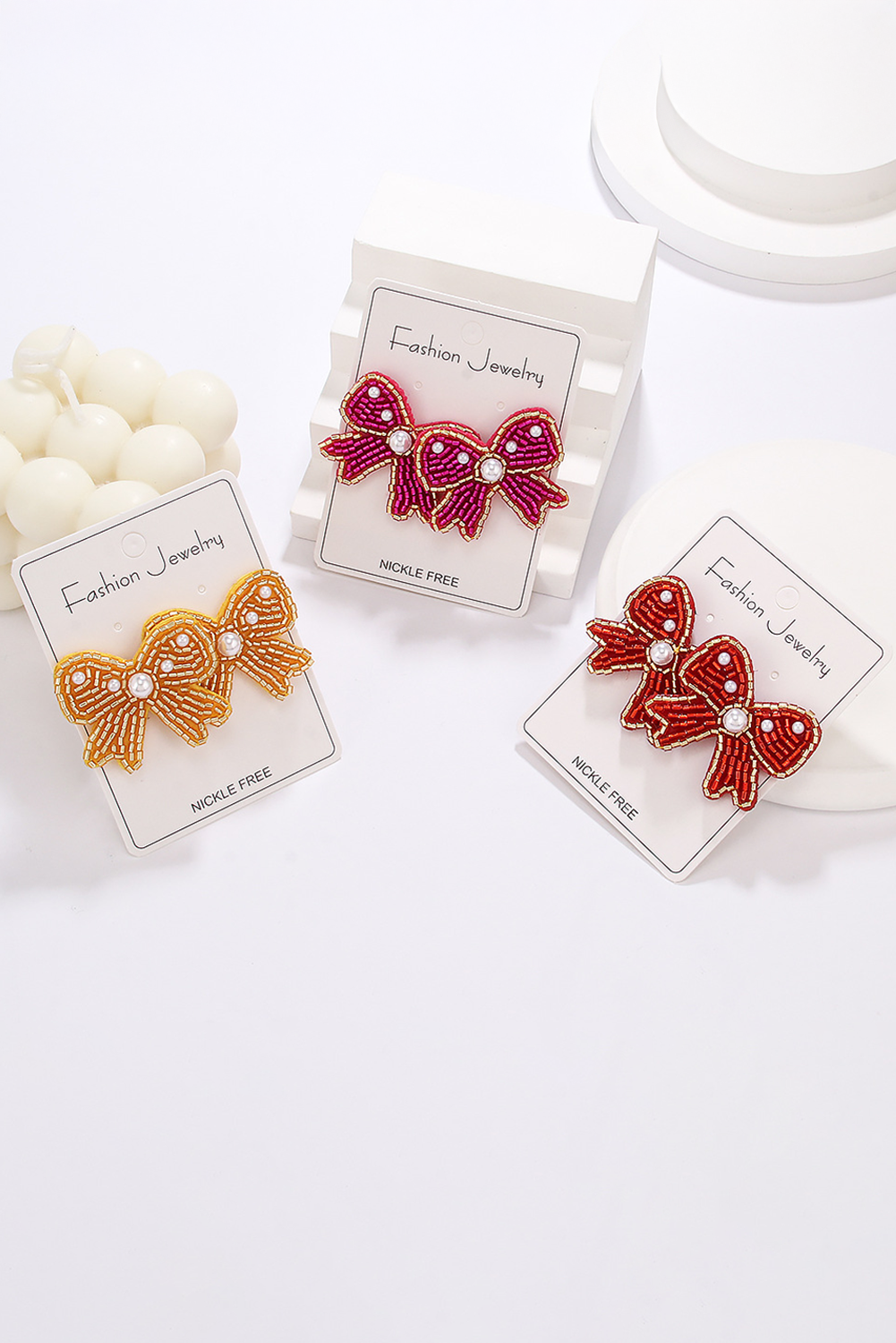Rose Red Pearl Rice Bead Bow Knot Shape Stud Earrings - loveforevers