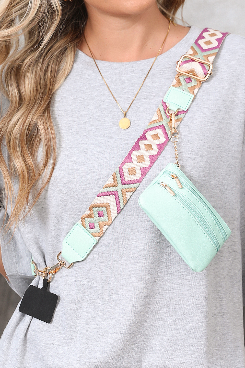 Sea Green Geometric Printed Phone Strap And Detachable Zipped Pouch - loveforevers