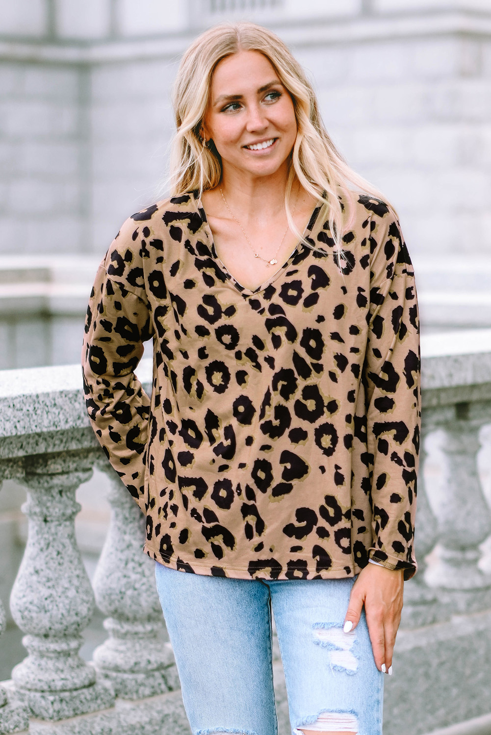 Brown Leopard Split Joint V Neck Long Sleeve Tops - loveforevers