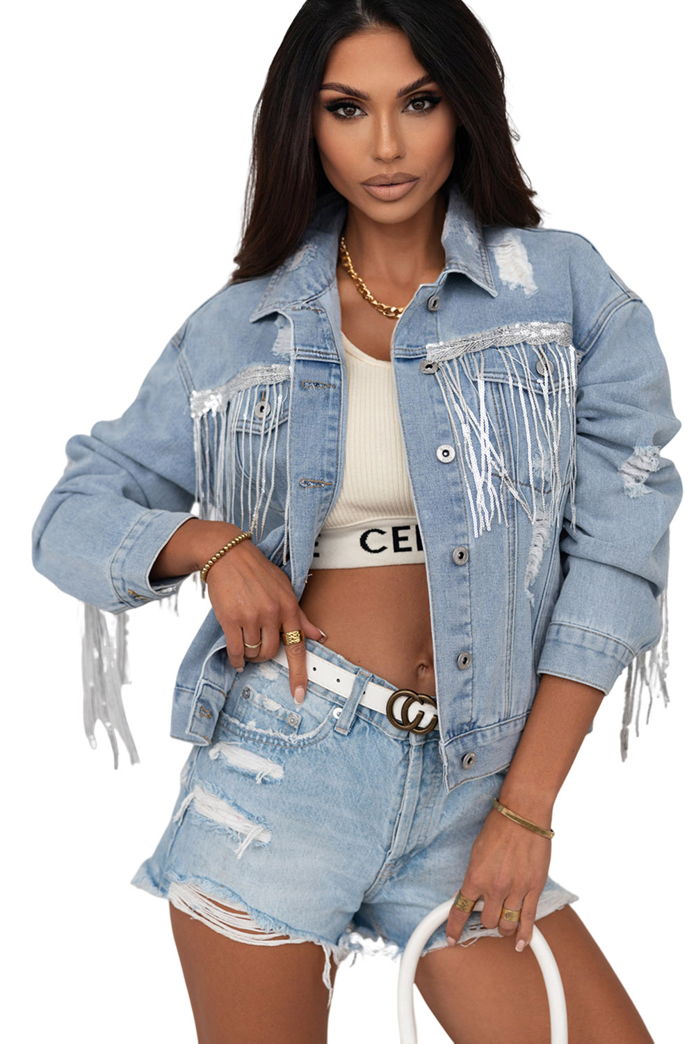 Sky Blue Sequin Embellished Fringe Distressed Denim Jacket - loveforevers