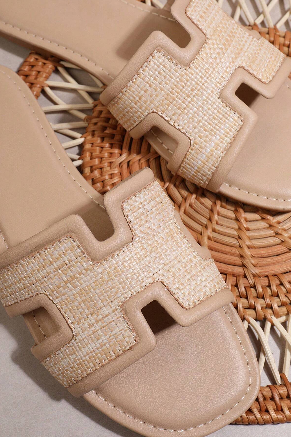 White Faux Raffia Detail Hollowed Open Toe Slippers - loveforevers