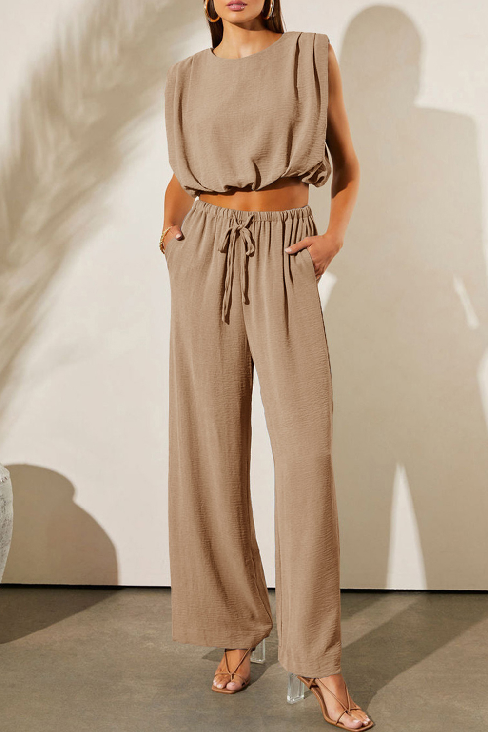 Pale Khaki Solid Color Keyhole Puffy Tank Drawstring Loose Pants 2pcs Outfit - loveforevers