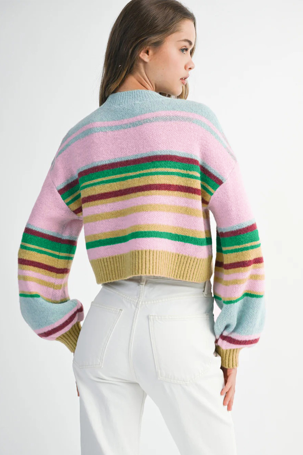Multicolour Striped Knit Ribbed Trim Boxy Fit Cropped Sweater - loveforevers