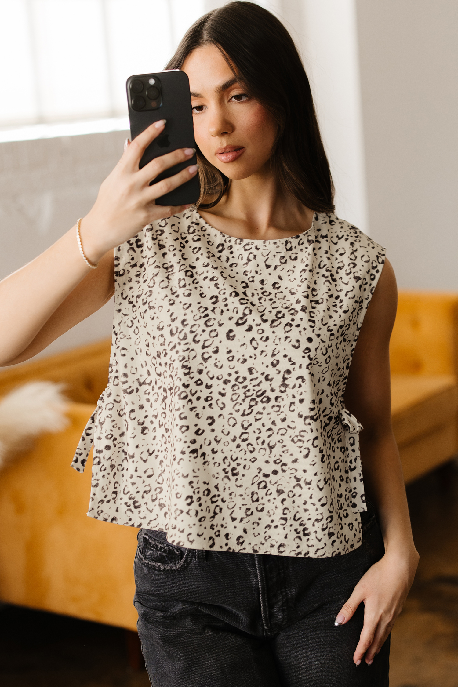 Apricot Knot Side Leopard Print Vest - loveforevers