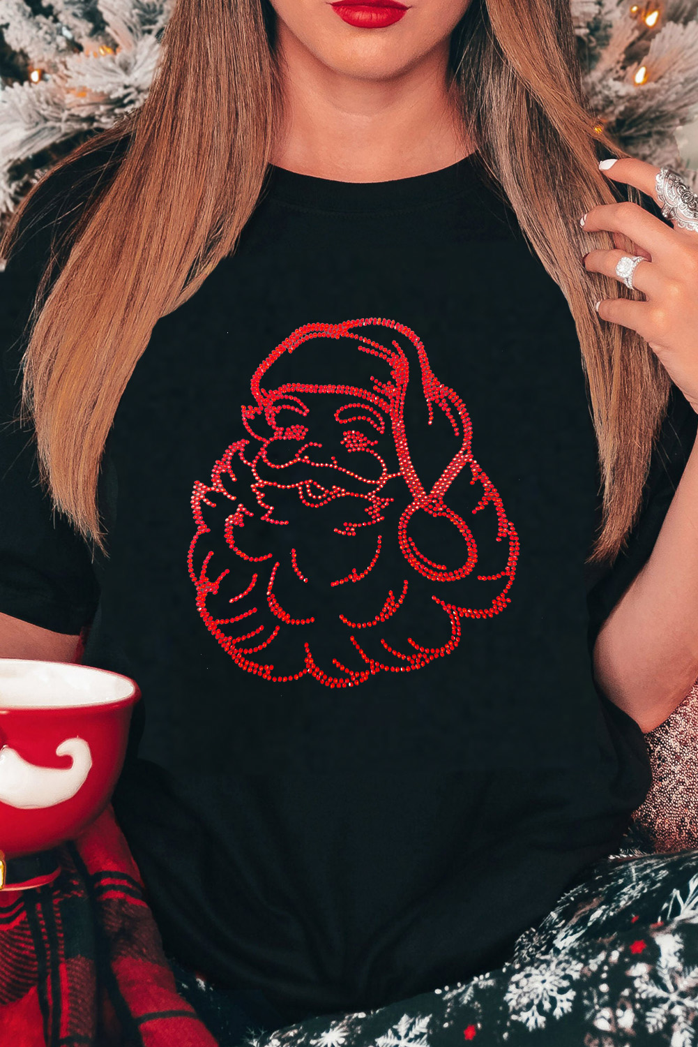 Black Rhinestone Santa Claus Christmas Graphic T Shirt - loveforevers