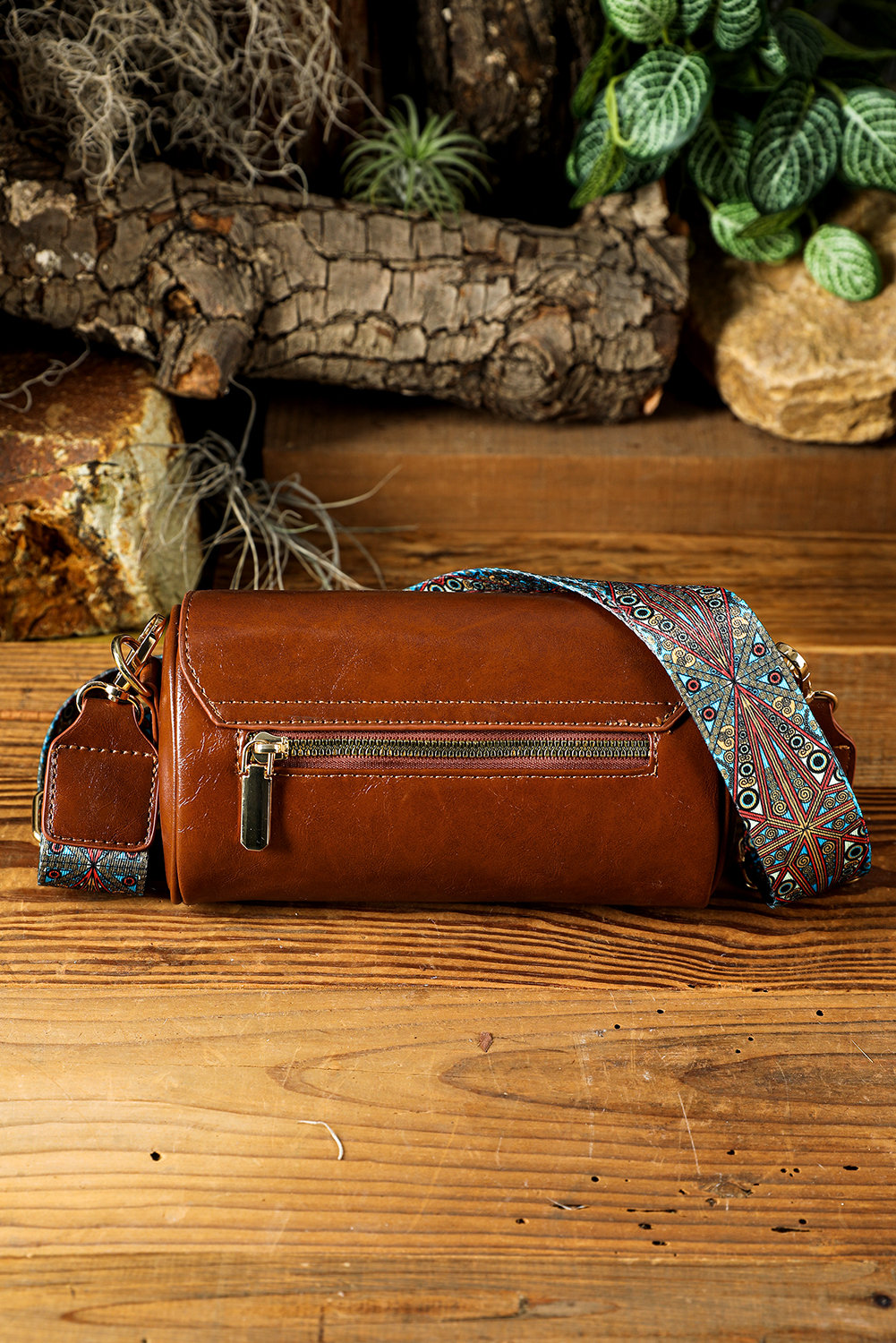 Chestnut PU Leather Flap Shoulder Bag with Retro Print Wide Strap - loveforevers