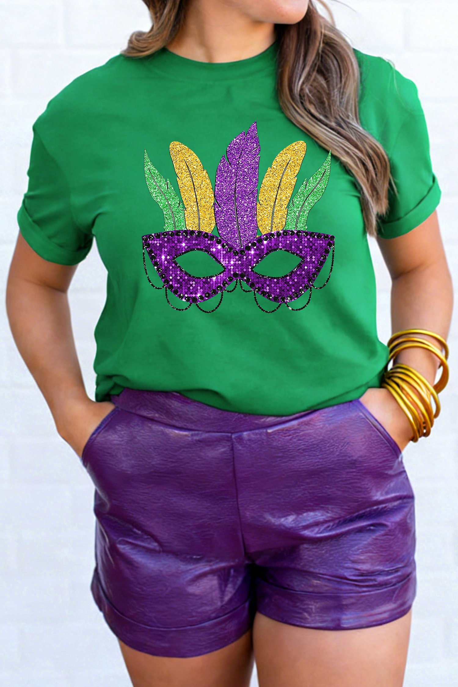 Bright Green Glitter Mardi Gras Mask Graphic T Shirt - loveforevers