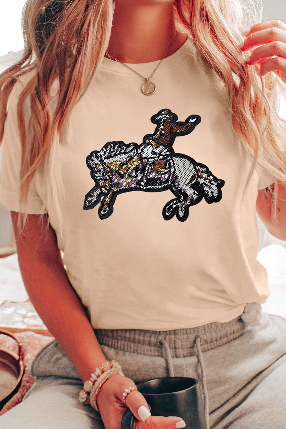 Khaki Sequin Rodeo Graphic Crewneck Tee - loveforevers